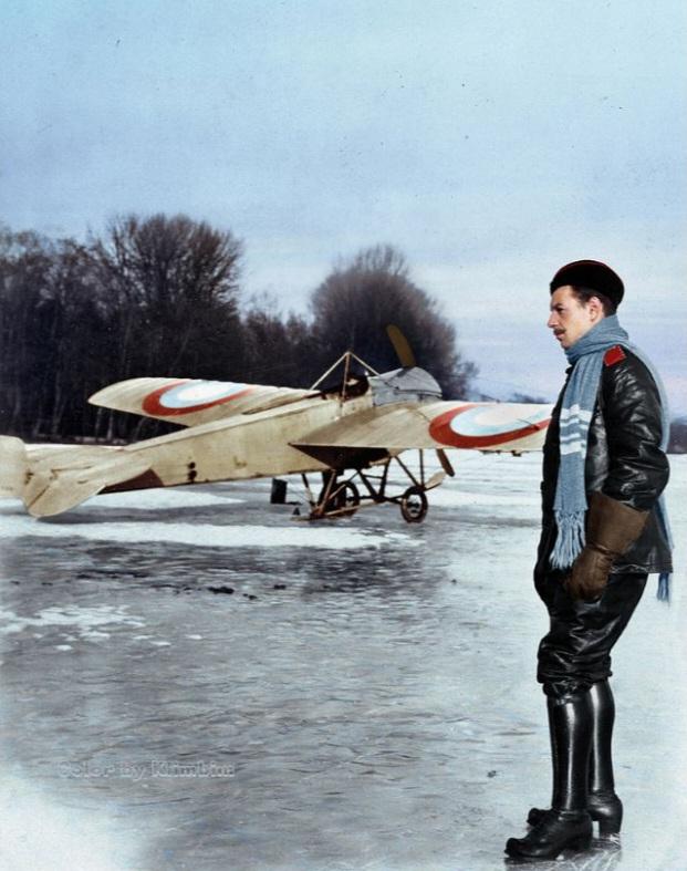 Russian Aviator and Warrant Officer of the 4th Siberian Air Detachment, Pyotr Krisanov with his Newport IV airplane, during the winter of 1915. He was decorated with all 4 degrees of the St. George Cross.jpg