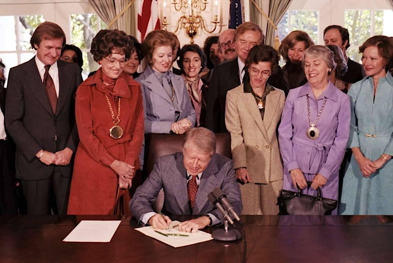 President Jimmy Carter signing the House of Representative resolution for the Equal Rights Amendment (ERA) before it was sent to the states for ratification in October 1978.jpg