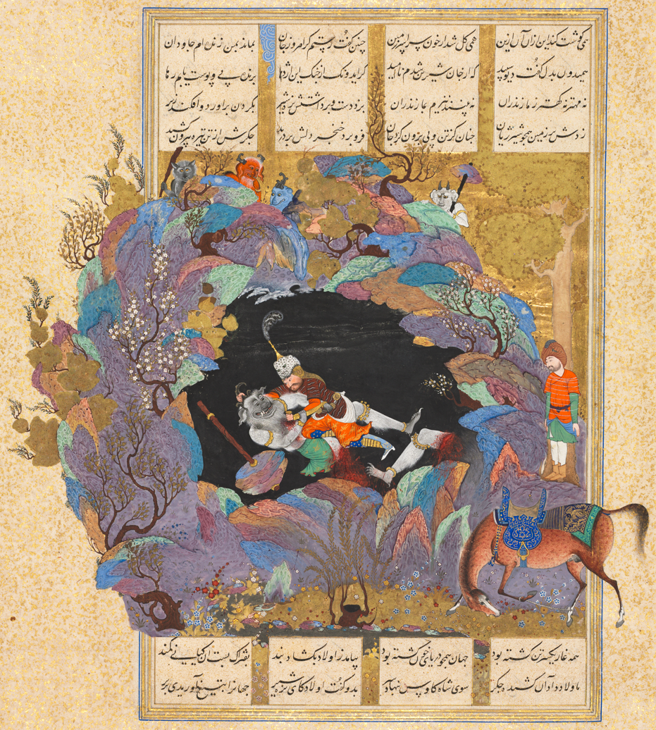Detail of illustrated Safavid period Persian manuscript, depicting the legendary hero Rustam killing the savage chief of the demons, the White Div, in an immense cave, c. 1510s.png