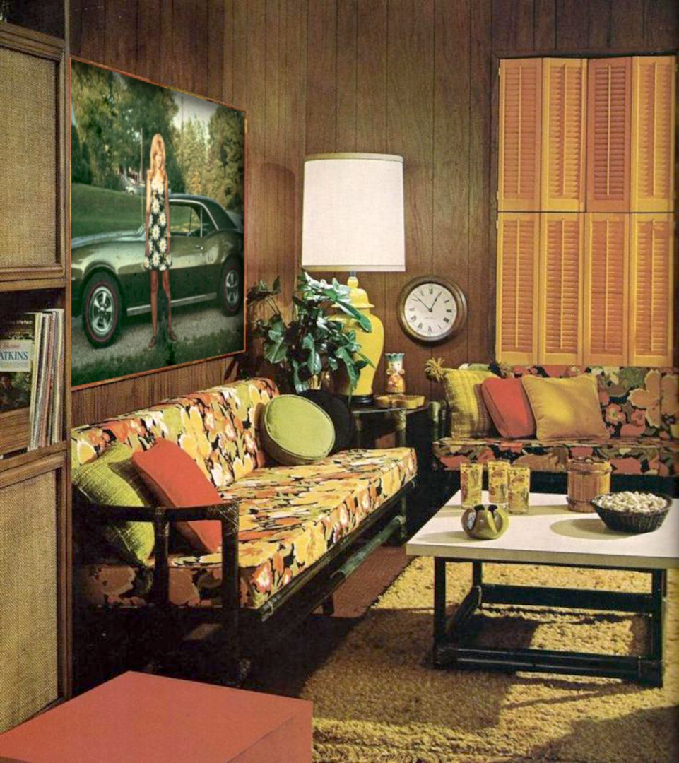 Our 70s living room - Dad enlarged a photo of Mom and his car.jpg