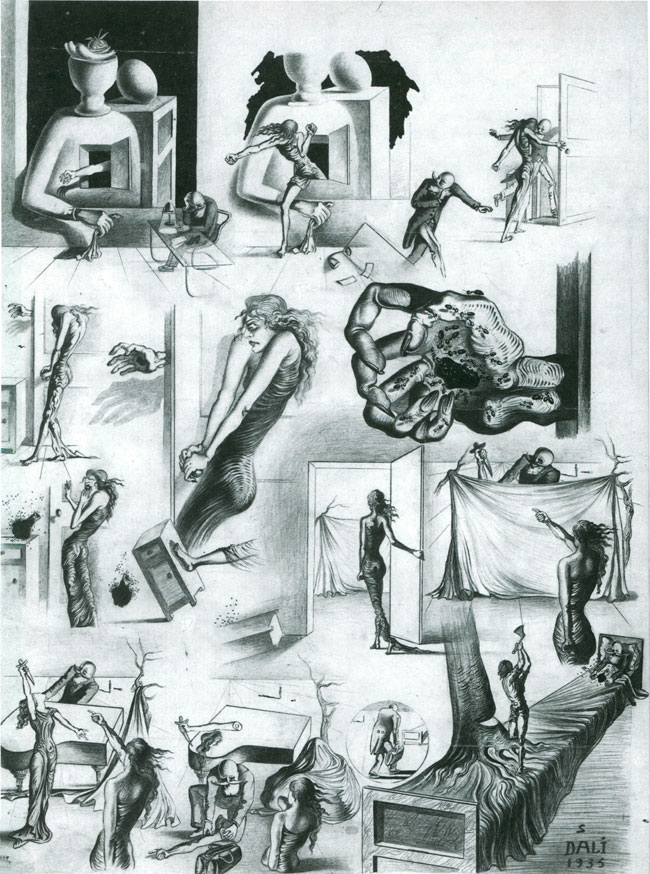 Salvador Dalí, Etudes pour le scénario des Mystères surréalistes de New York, page 1, 1935.jpg