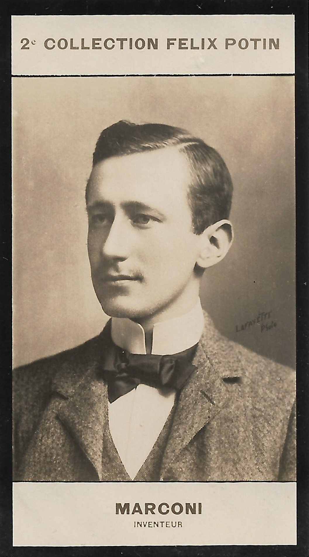 Guglielmo Marconi.  Vintage collector's card (minicard). Chocolat Félix Potin, Second Series, 1908. Photo by Lafayette.jpg