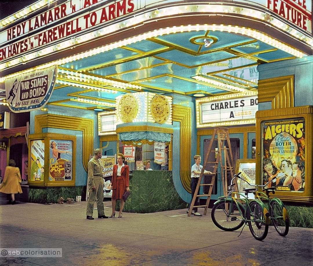 Sergeant George Camblair taking his girlfriend to the movies in Washington, D.C., while he is at home on a weekend furlough photographed by Jack Delano in 1942.jpg