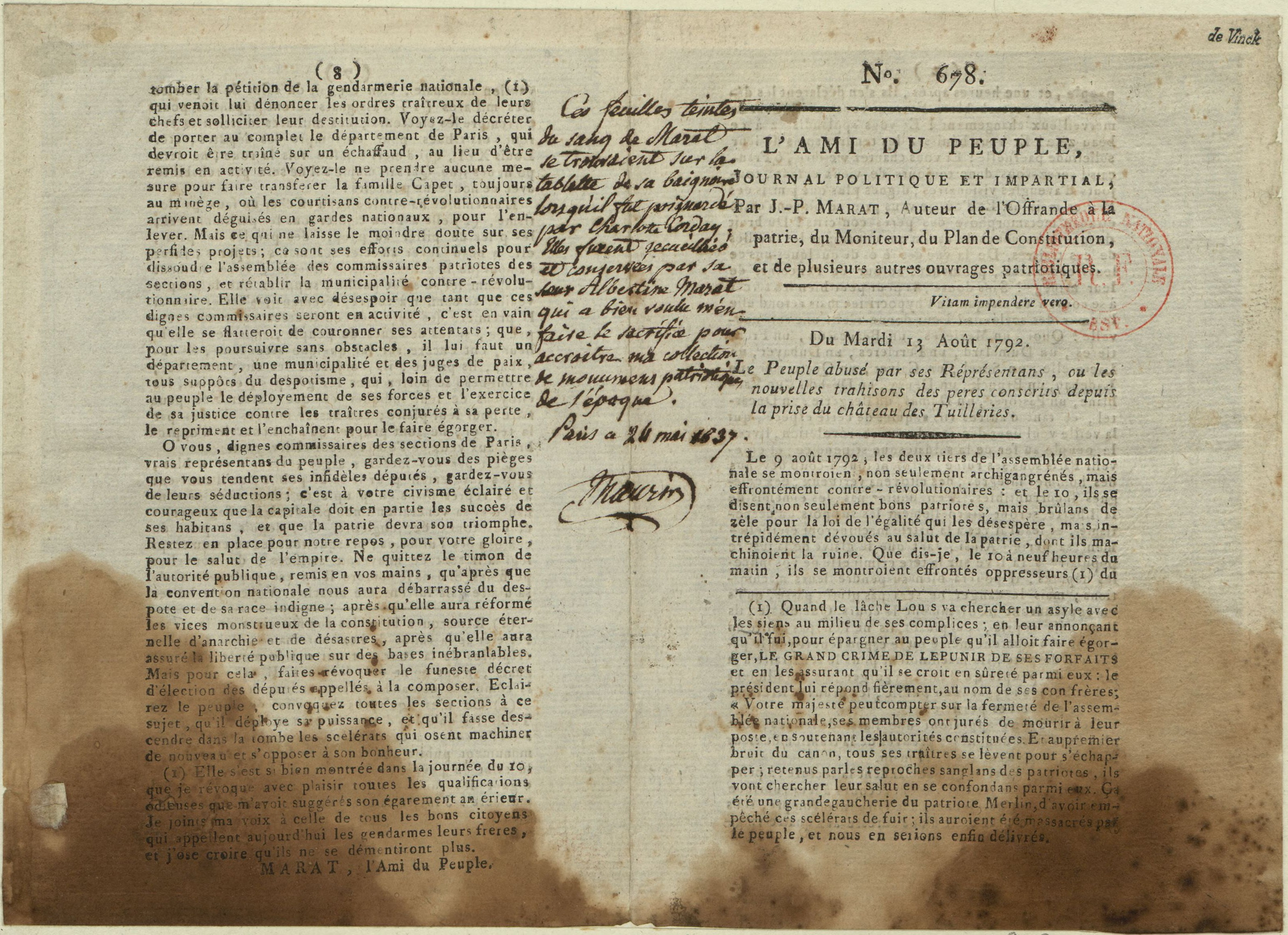 A copy of L’Ami du peuple stained with the blood of Marat, murdered by Charlotte Corday on 13 July 1793, at the time working on this newspaper.jpg