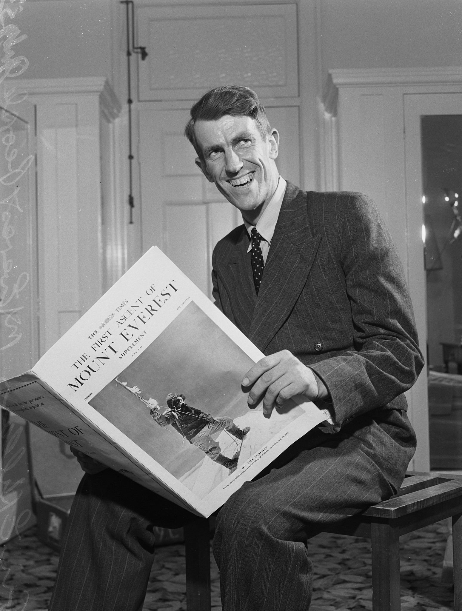 Sir Edmund Hillary, New Zealand mountain climber and adventurer, after ascending Mount Everest, July 1953.jpg