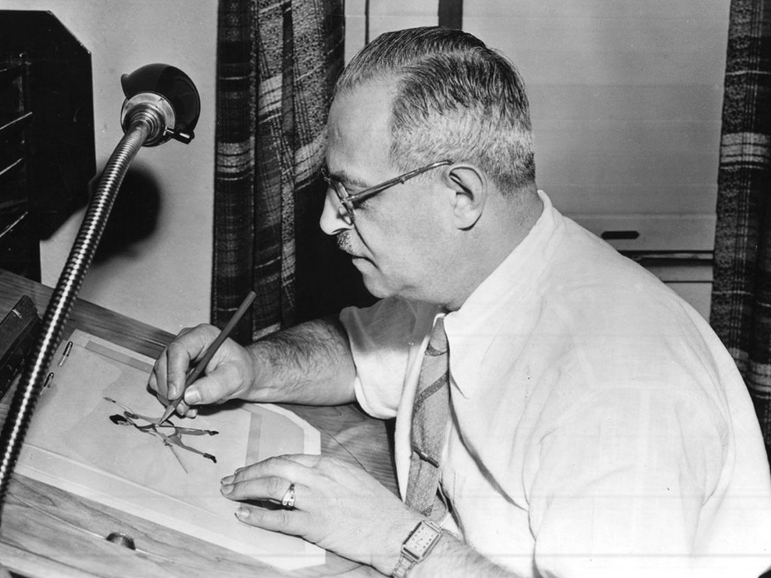Polish-American animator, MAX FLEISCHER, Disney's top competitor, at his drawing table, 1936. He produced the Popeye cartoons and created Betty Boop.jpg