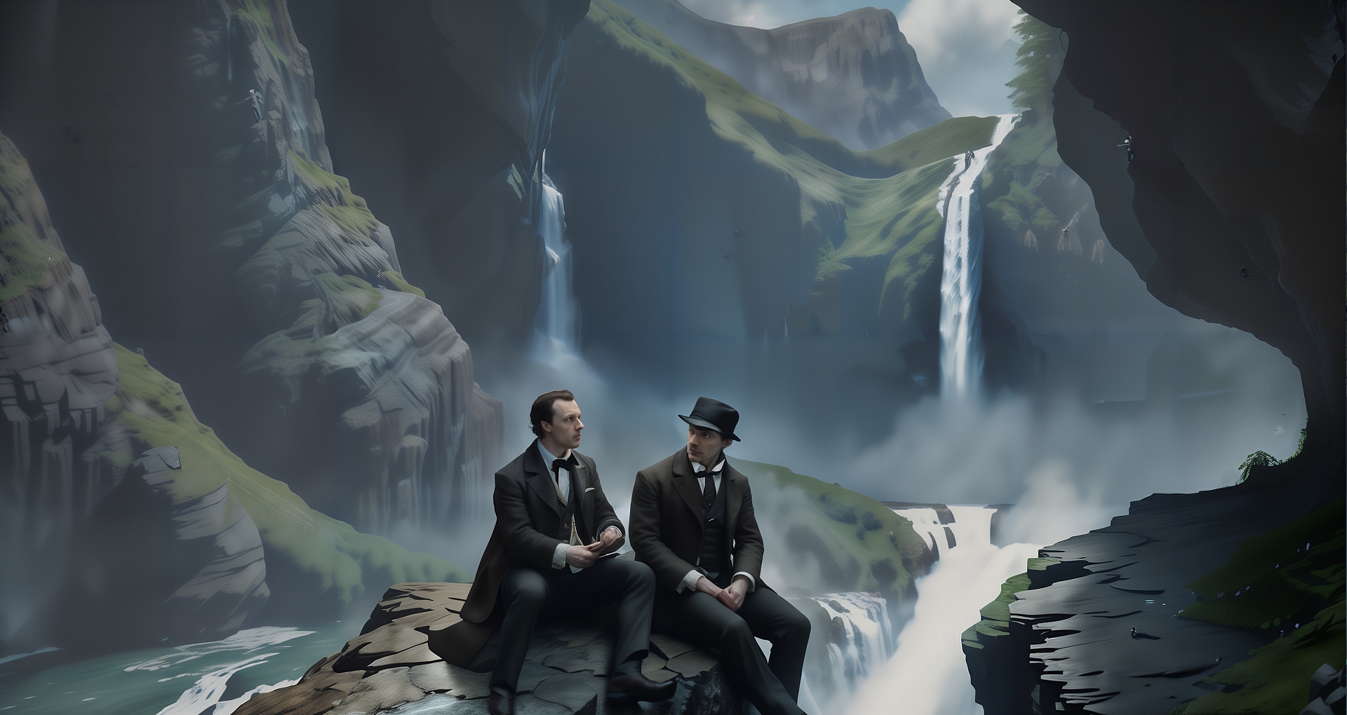 Sherlock Holmes and Professor Moriarty on the edge of a precipice against the backdrop of a mountain waterfall.jpg