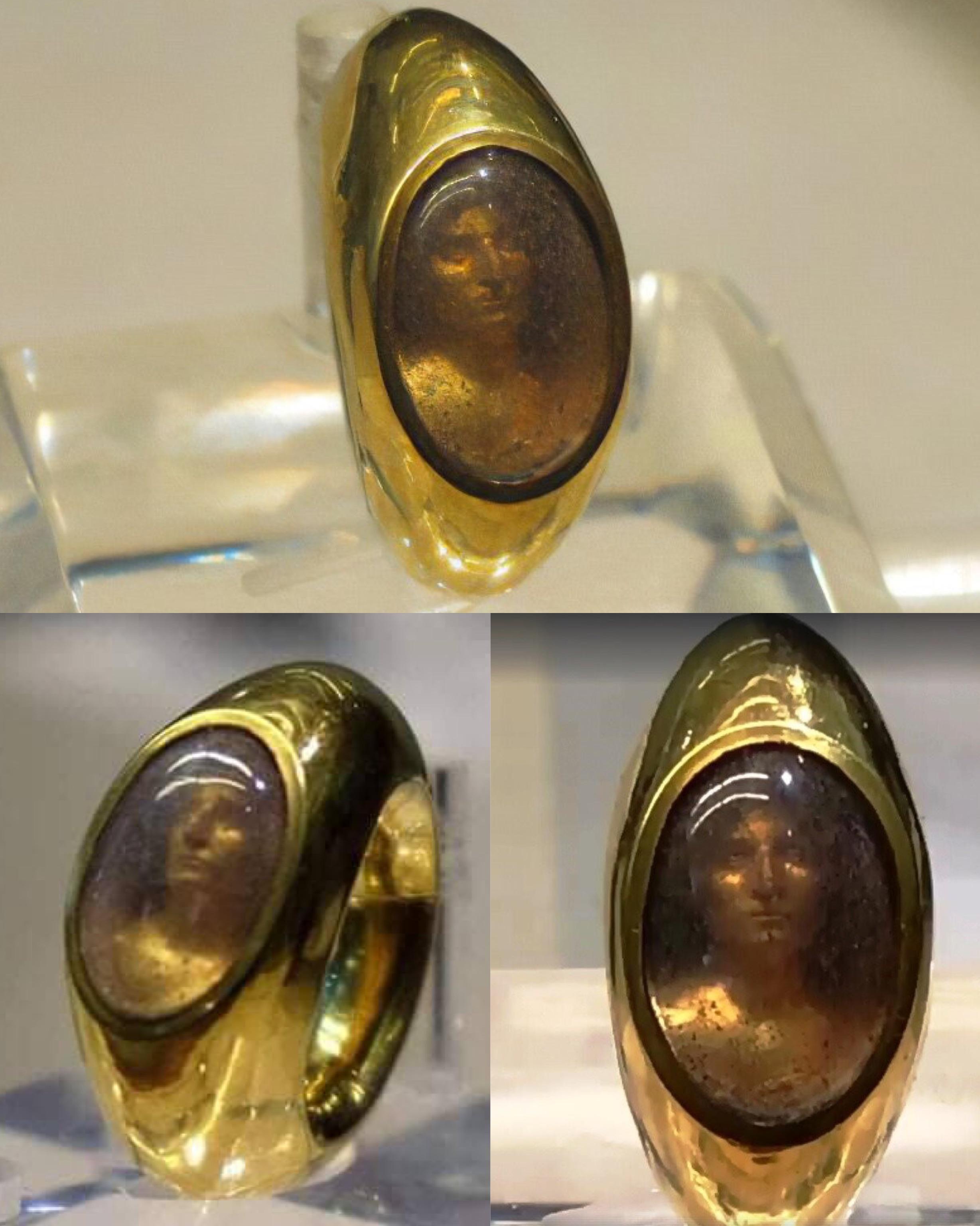Roman 'hologram' effect ring found in the grave of 1st century AD noblewoman, Aebutia Quarta. Thought to depict her son, Titus Carvilius Gemello, who died at age 18. Found at the Grottaferrata necropolis near Rome.jpg