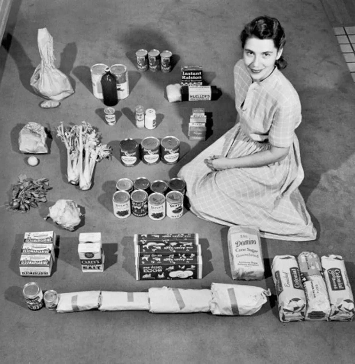 A housewife with a week's worth of groceries in 1947. She spent $12.50 a week to buy all her groceries except milk. On this she managed to feed herself, her husband, her four-year-old twins and the family cat.jpg