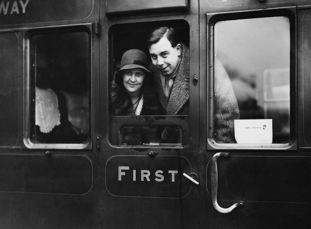 J. B. Priestley and his wife Jane Wyndham-Lewis at Waterloo railway station, London at the start of a trip to the USA, 11th February 1931.jpg