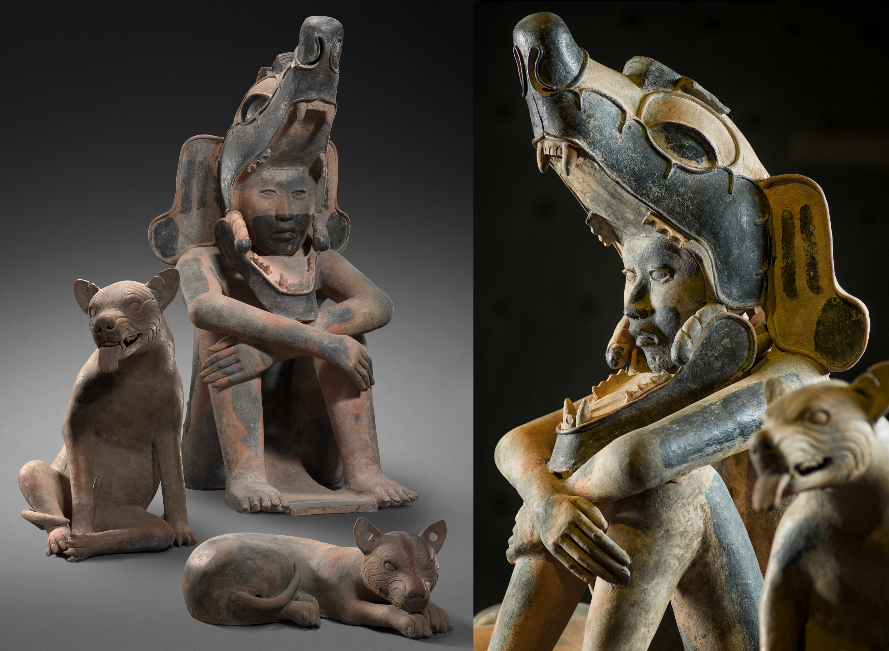 Sculpture of a seated warrior with two dogs. Veracruz, Mexico, 400-800 AD.jpg