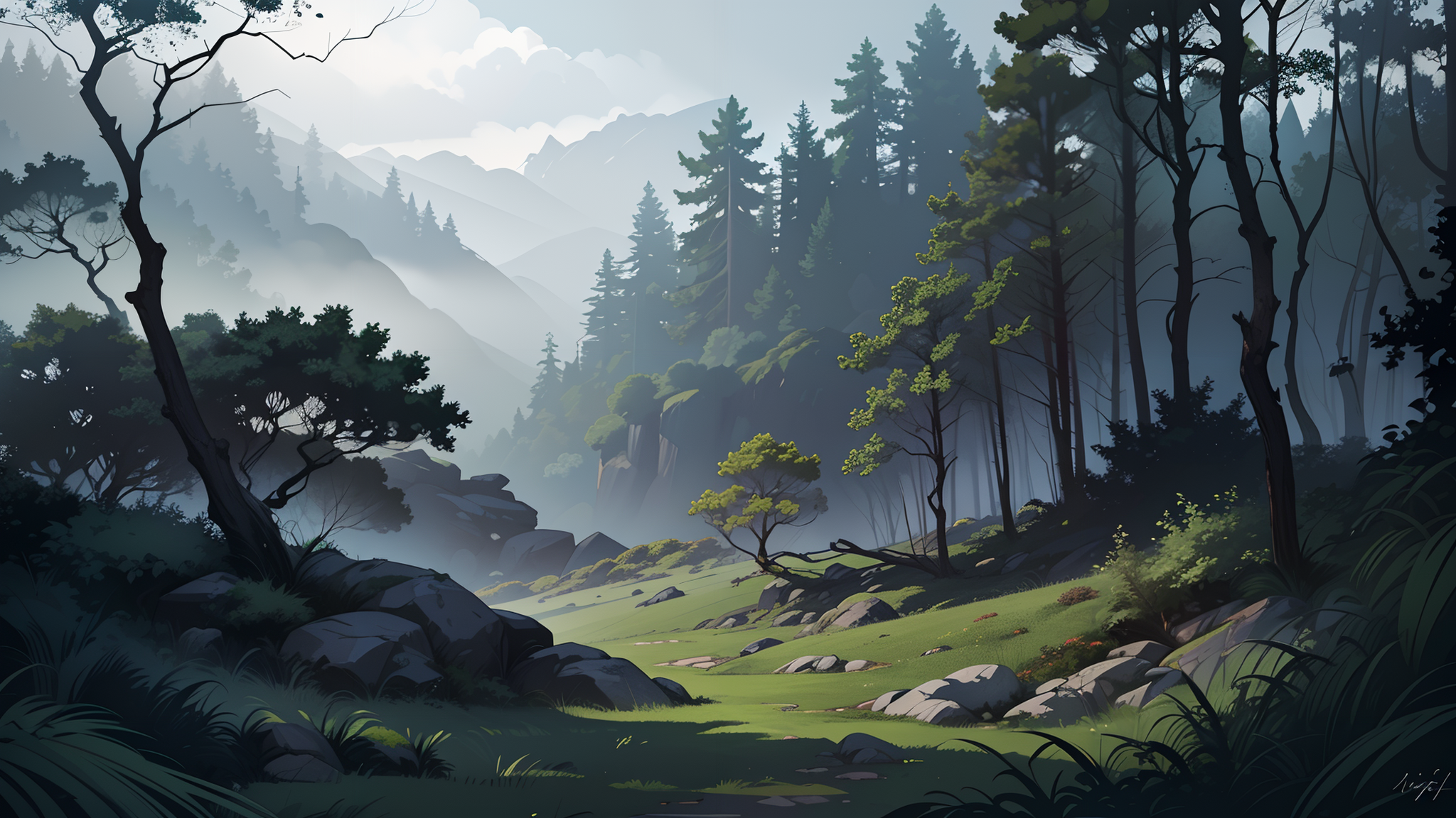 00013-4101040446-(artwork_1.2), (lineart_1.33), dense bushes on foreground, woods, moss, rocks, grass, fog, (cloudy, overcast_1.2), (hyperdefined.png