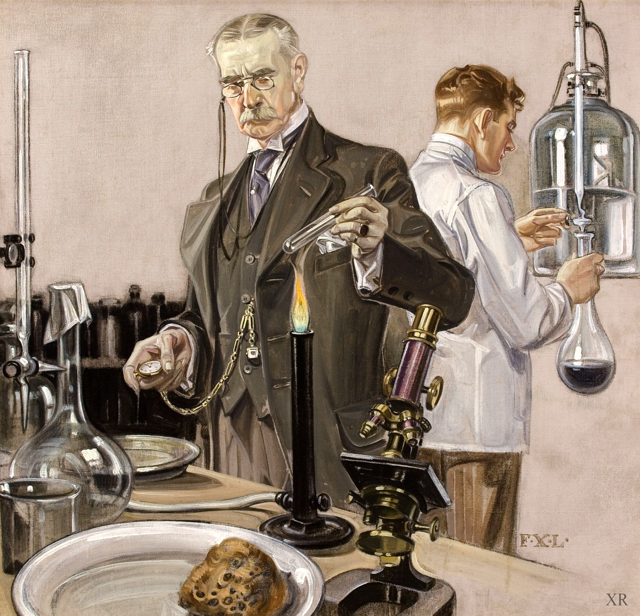FRANK XAVIER LEYENDECKER (American, 1877-1924). Timing an Experiment, Howard Watch.jpg