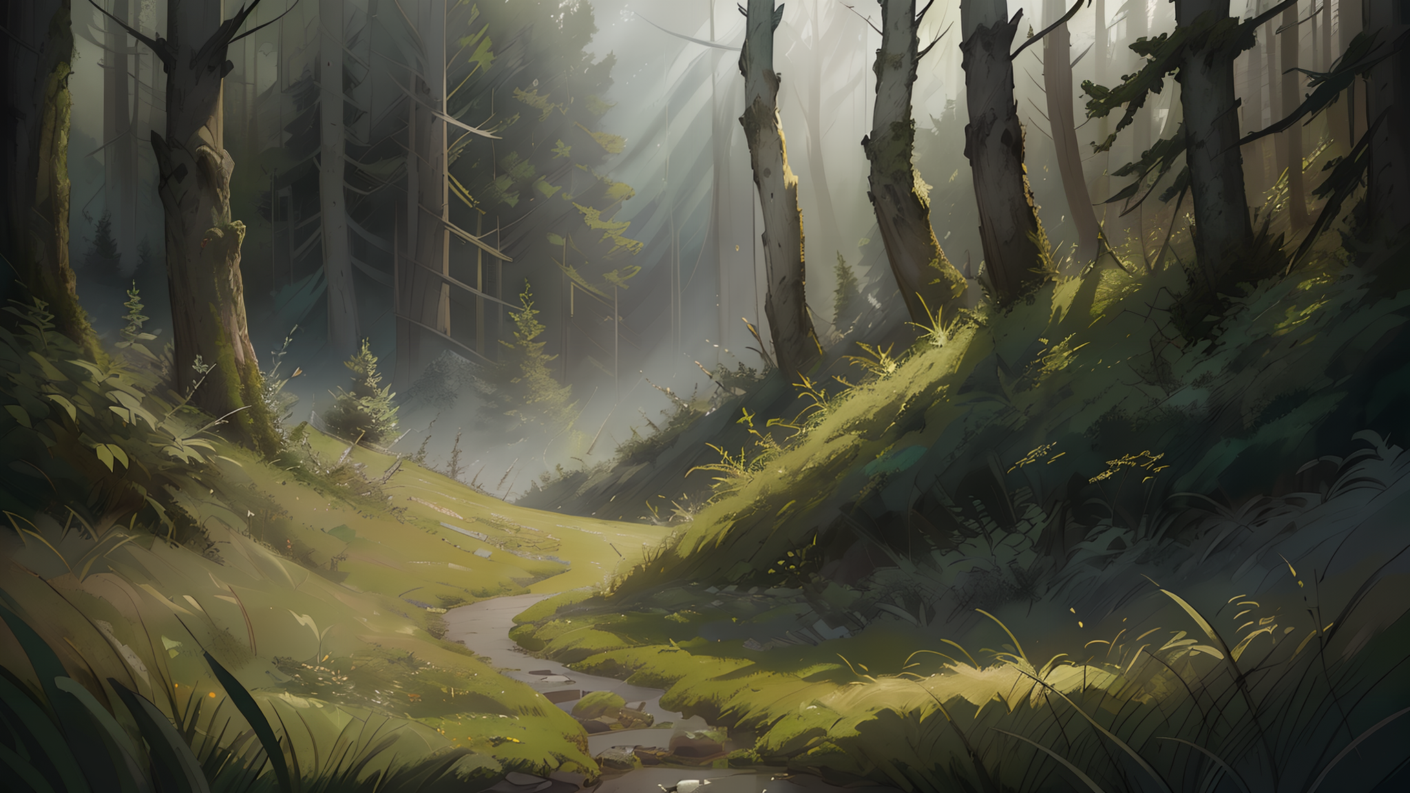 05412-3523829761-(artwork, flat illustration_1.1), woods, moss, rocks,  bushes, hills, cloudy.png