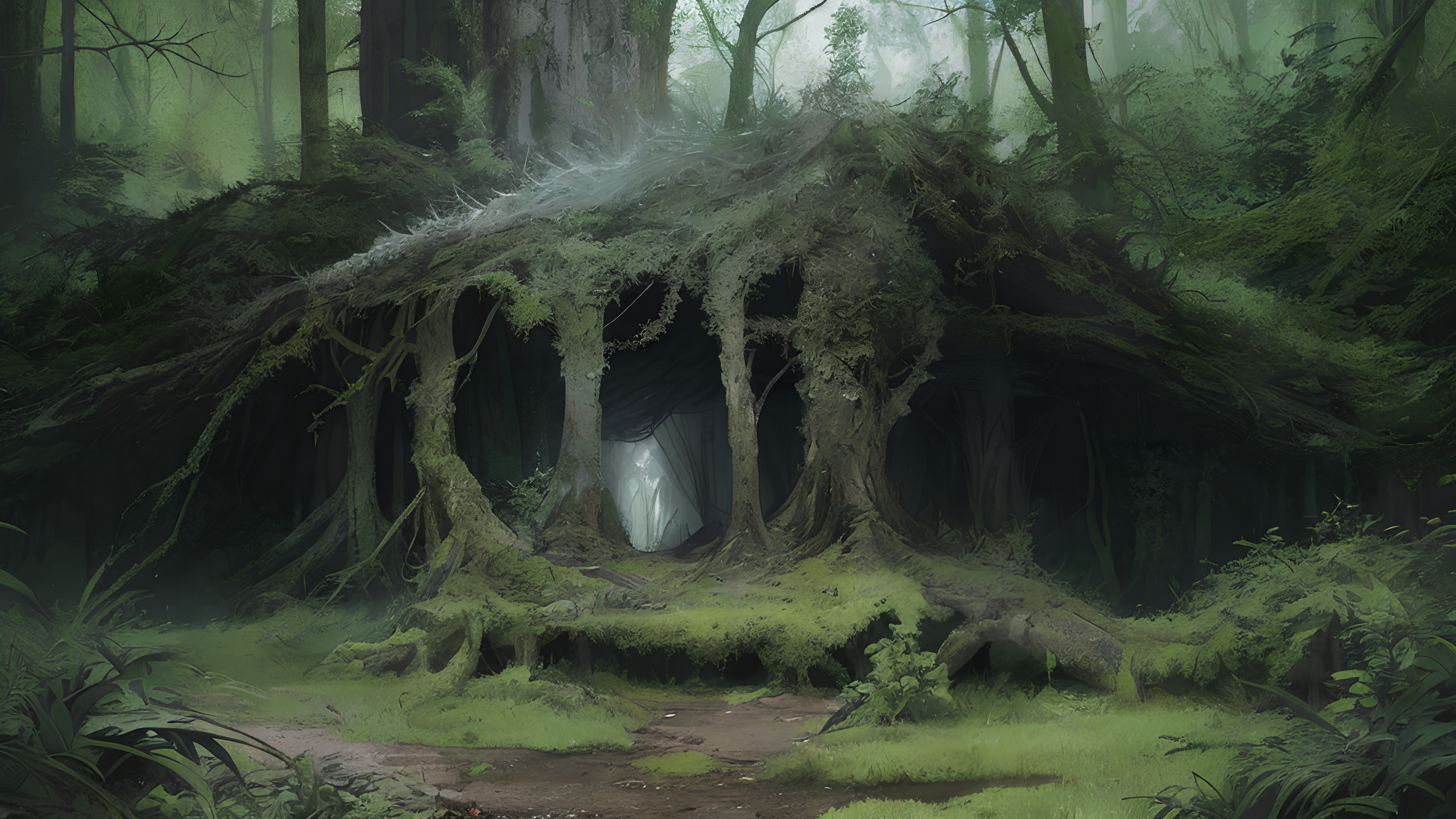 05417-3371188943-art, (hdr_1.5), in the woods, desolate dense savage selva, desolate strange weird misterious magic alien lair under moss roof,.png