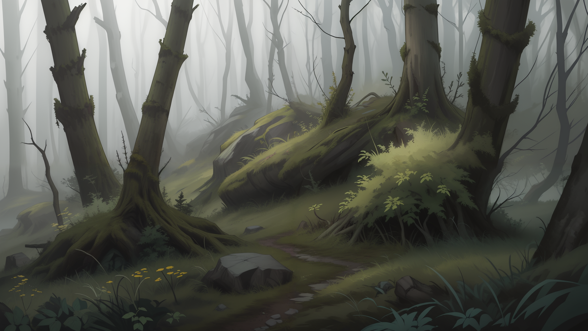 00002-1409624092-ultradetailed backgroud illlustration, desolate  forest, woods foliage, grass, trunks, branches, rocks, moss, overcast, cloudy.png