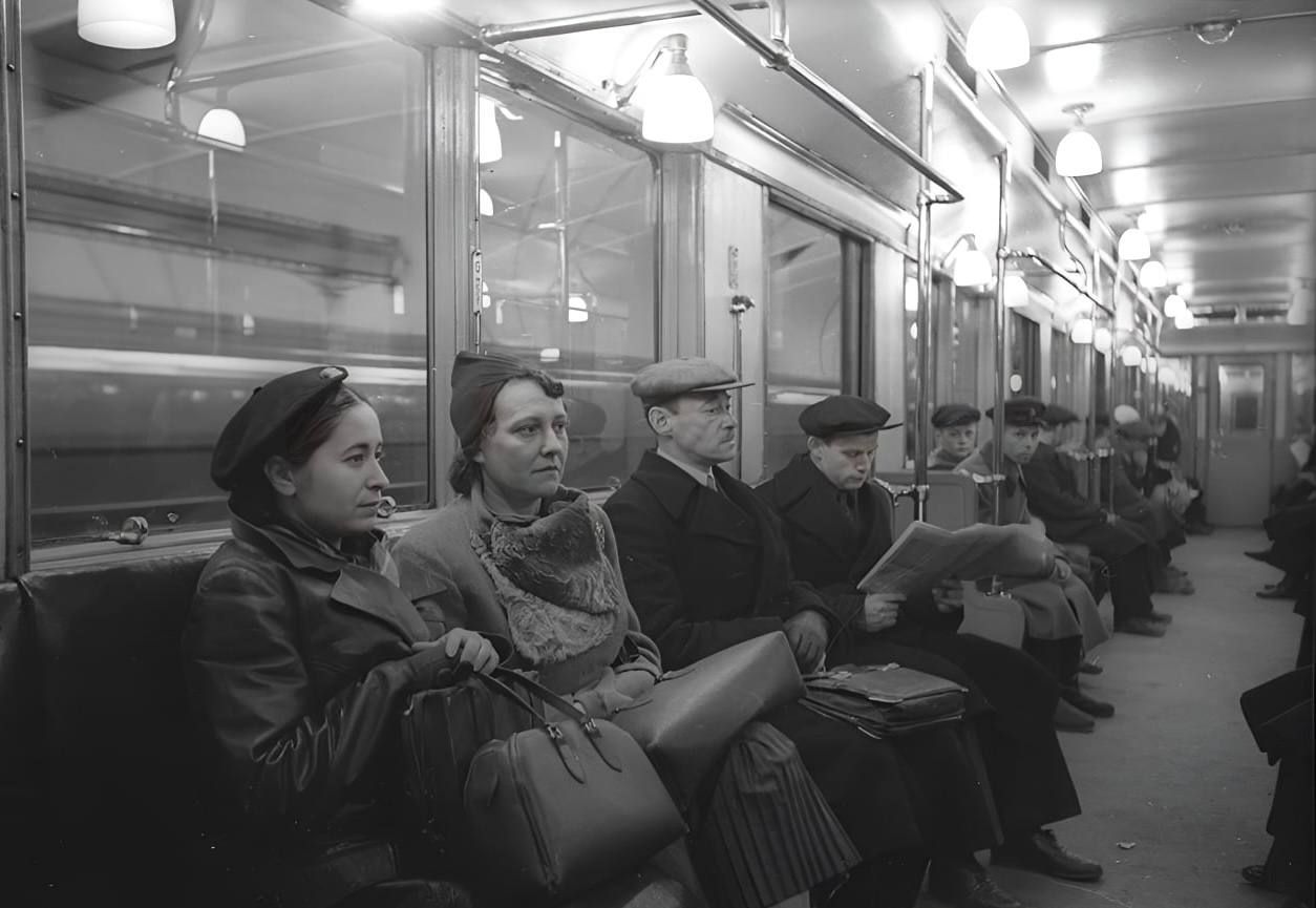 Пассажиры метро на станции Аэропорт, Москва, 1938.jpg