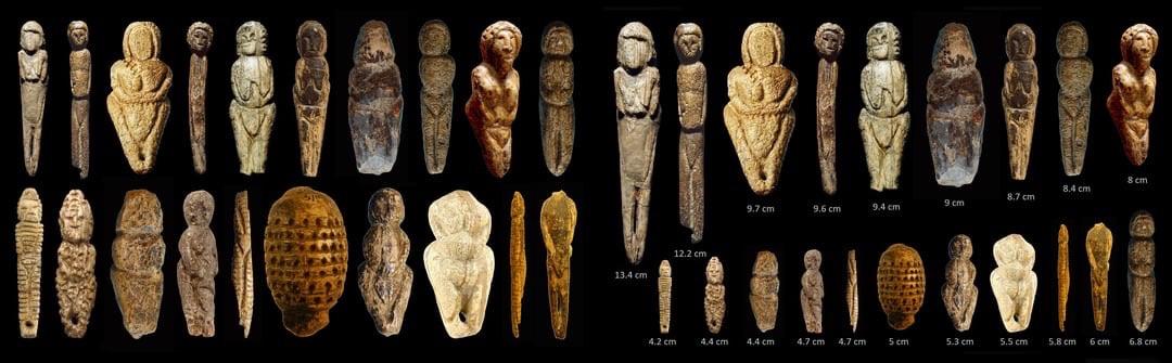 20 figurines from Mal'ta. Upper Paleolithic period, Mal'ta-Buret' culture, 23,000 – 19,000 B.C.. Found in Mal'ta Site, at the Angara River, near Lake Baikal in Irkutsk Oblast, Siberia, Russia.jpg