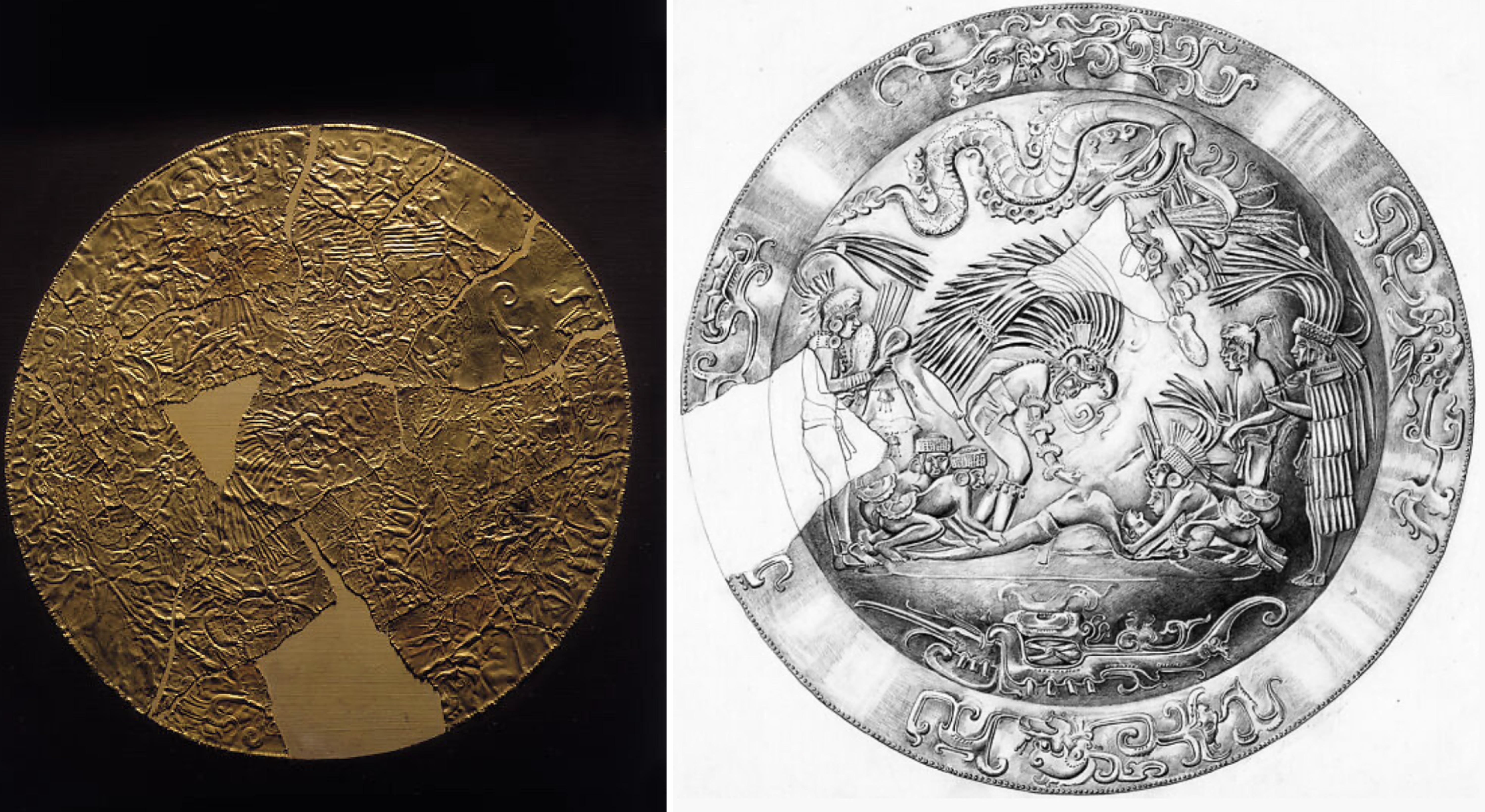 Imported gold disc from Costa Rica, reworked by the Mayas in Yucatán. Disk H (Drawing of the disk. By Tatiana Proskouriakoff) 800–900 A.D. Currently at the Met.jpg