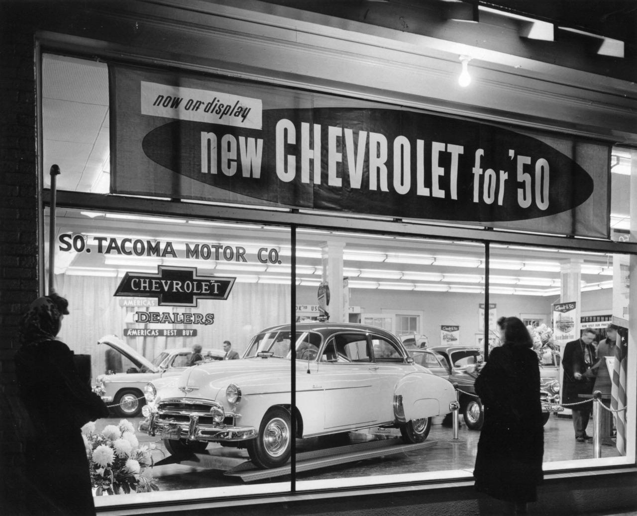 New Chevrolet in the So. Tacoma Motor Co. showroom. Tacoma, WA. (1950).jpg