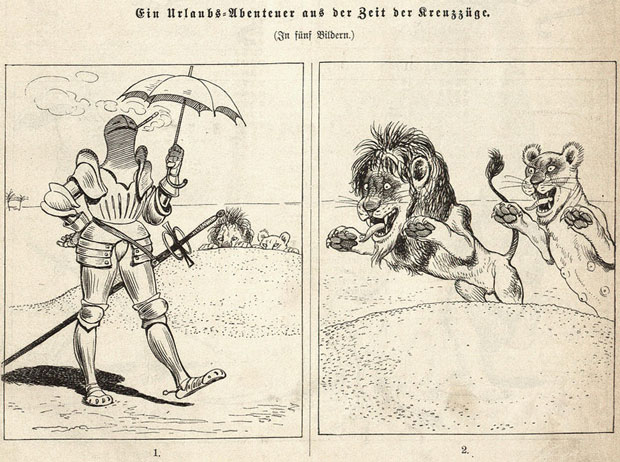 Adolf Oberländer, « Ein Urlaubs-Abenteuer aus der Zeit der Kreuzzüge », Fliegende Blätter, vol. 94, n° 2371, 1891, p.1.jpg