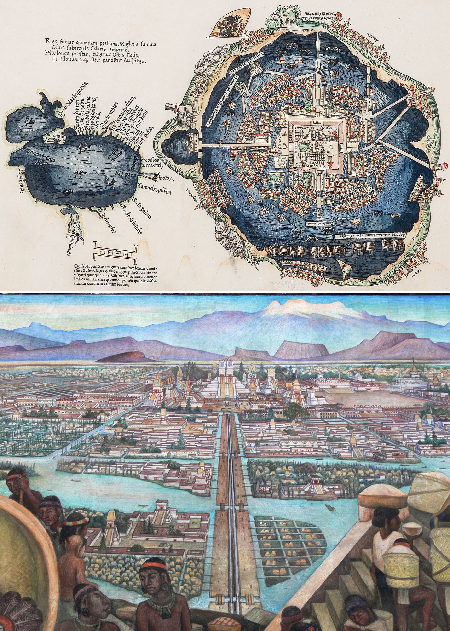 First European map of Tenochtitlan, capital of the Aztec Empire, made in 1524, and a mural of the city made by Diego Rivera in 1945.jpg