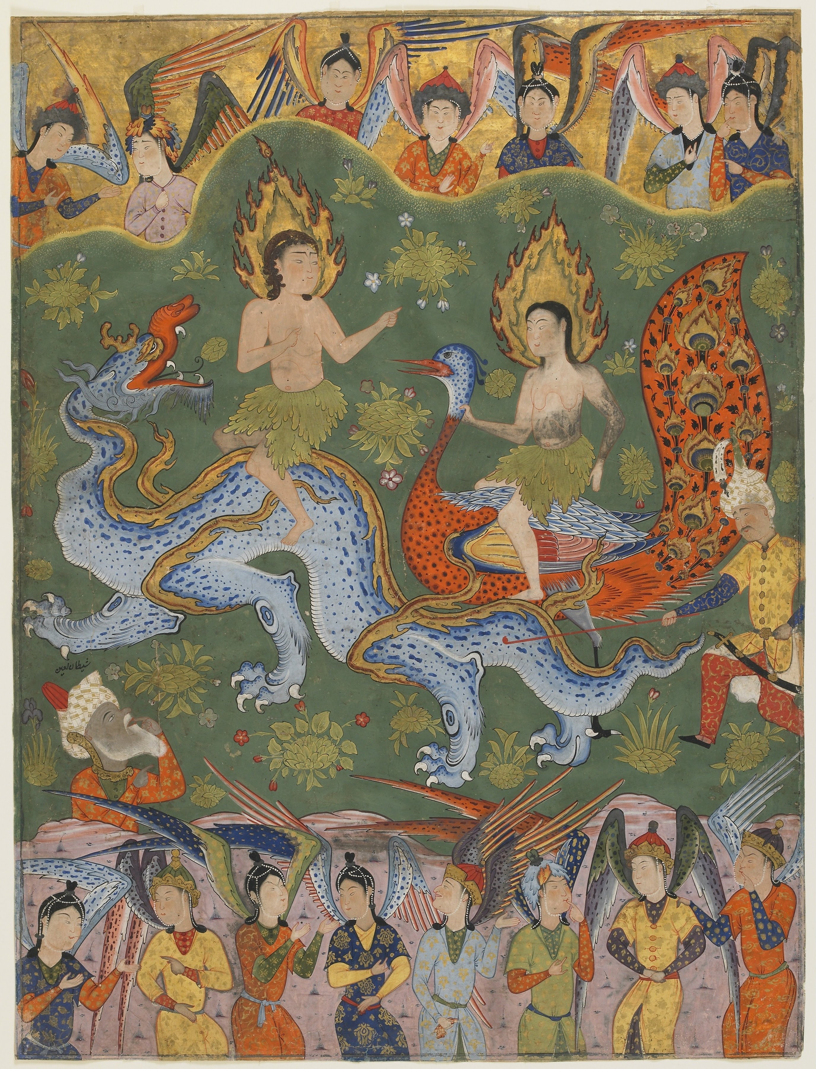 Adam (riding a dragon) and Eve (riding a phoenix) in the Garden of Eden, being watched by the angels. Iran, 1500s.jpg