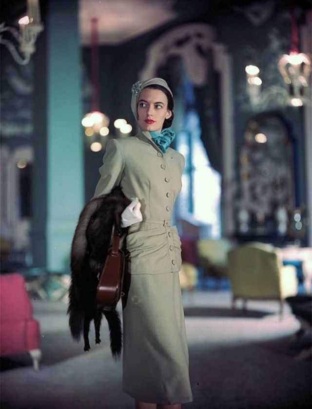 Model in Juilliard wool suit by Mollie Parnis for Carolyn Modes, photo by Constantin Joffé, Vogue, January 15, 1947.jpeg
