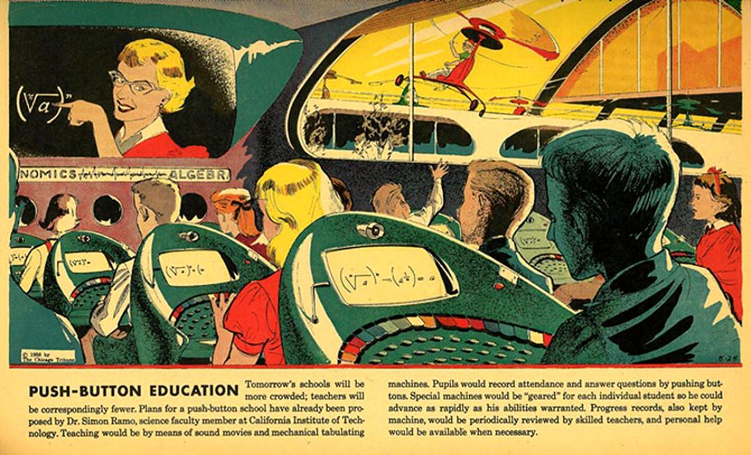 The May 5, 1958 edition of Arthur Radebaugh’s Sunday comic, Closer Than We Think, featured learning via a remote instructor.jpeg