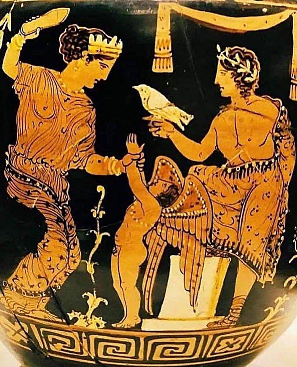 Aphrodite threatening her son Eros, with her sandal. 360BCE, detail from a stamnos found in Tarantas, a Spartan colony in southern Italy, modern day Taranto. Housed in the MArTA museum in Taranto, Italy.jpeg