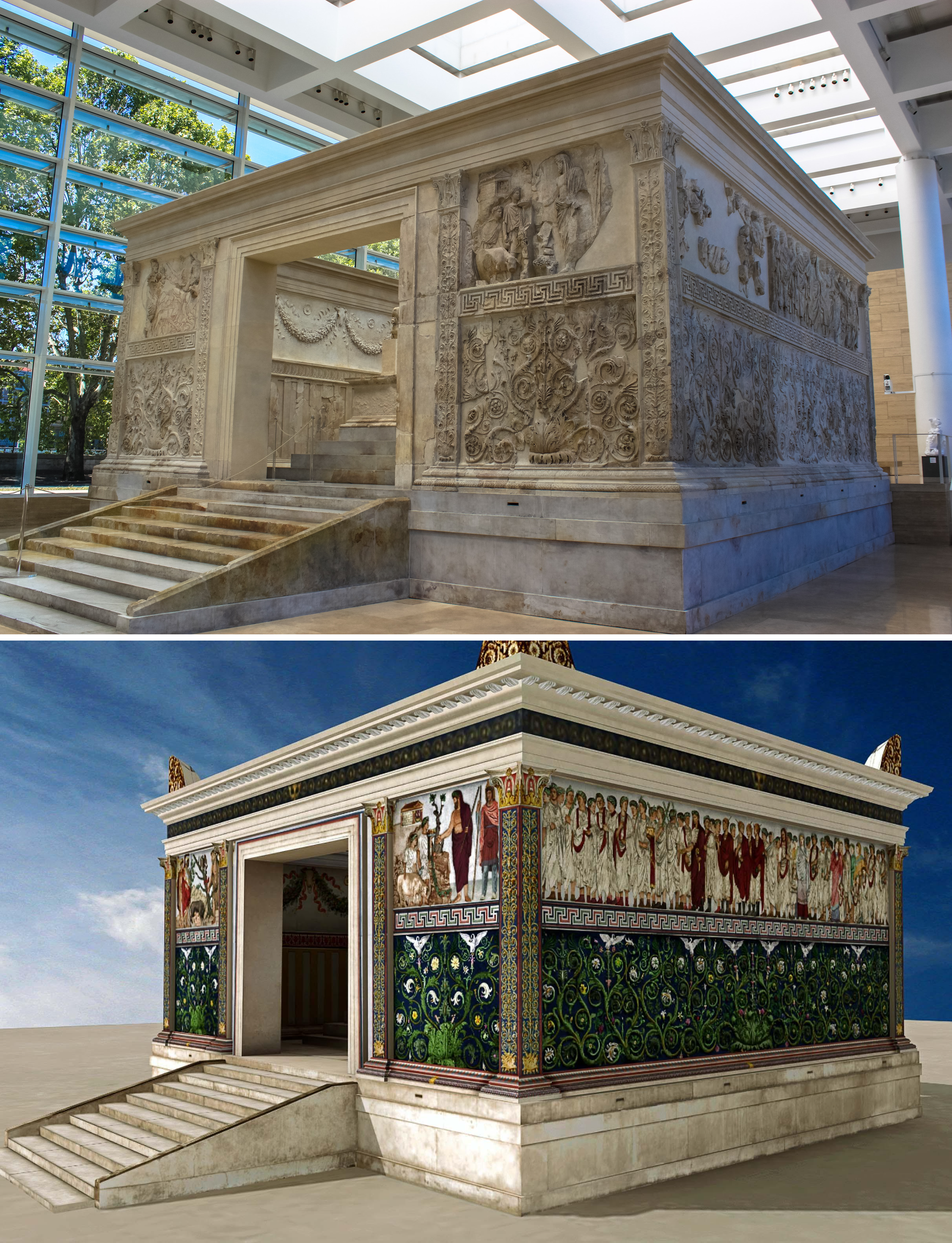 The Ara Pacis is an altar in Rome dedicated to the Pax Romana, commissioned by the Roman Senate on July 4, 13 BC to honour the return of Augustus to Rome after 3 years in Hispania and Gaul.png