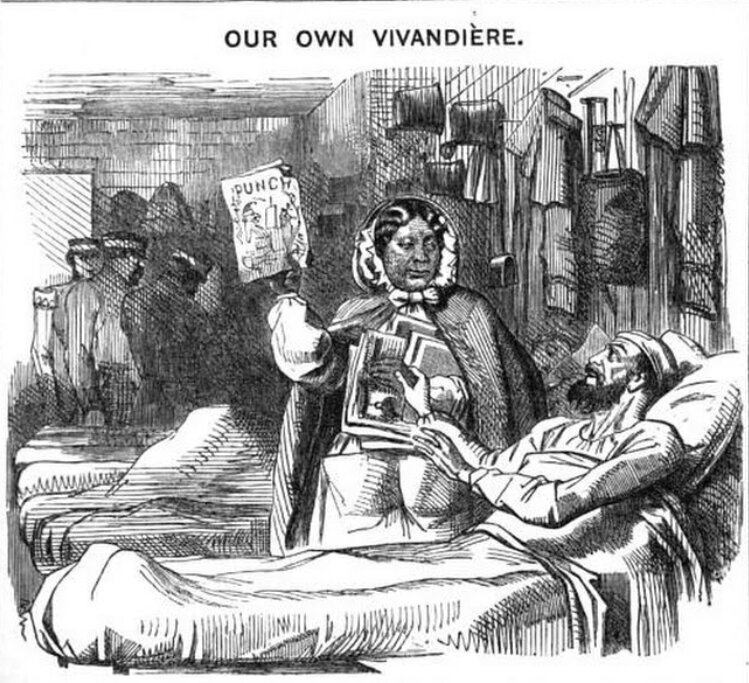 Mary Seacole, as an admirer of Punch with her British Crimean War patients (Punch, 30 May 1857).jpg