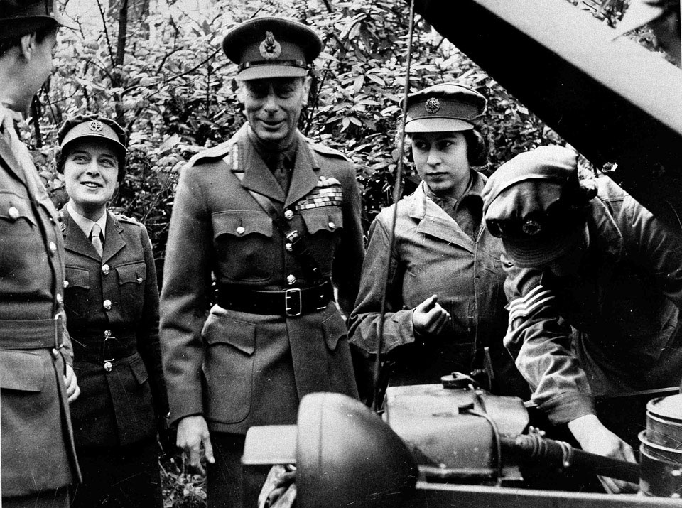 King George VI during a visit to the Auxiliary Territorial Service, 1945.jpg