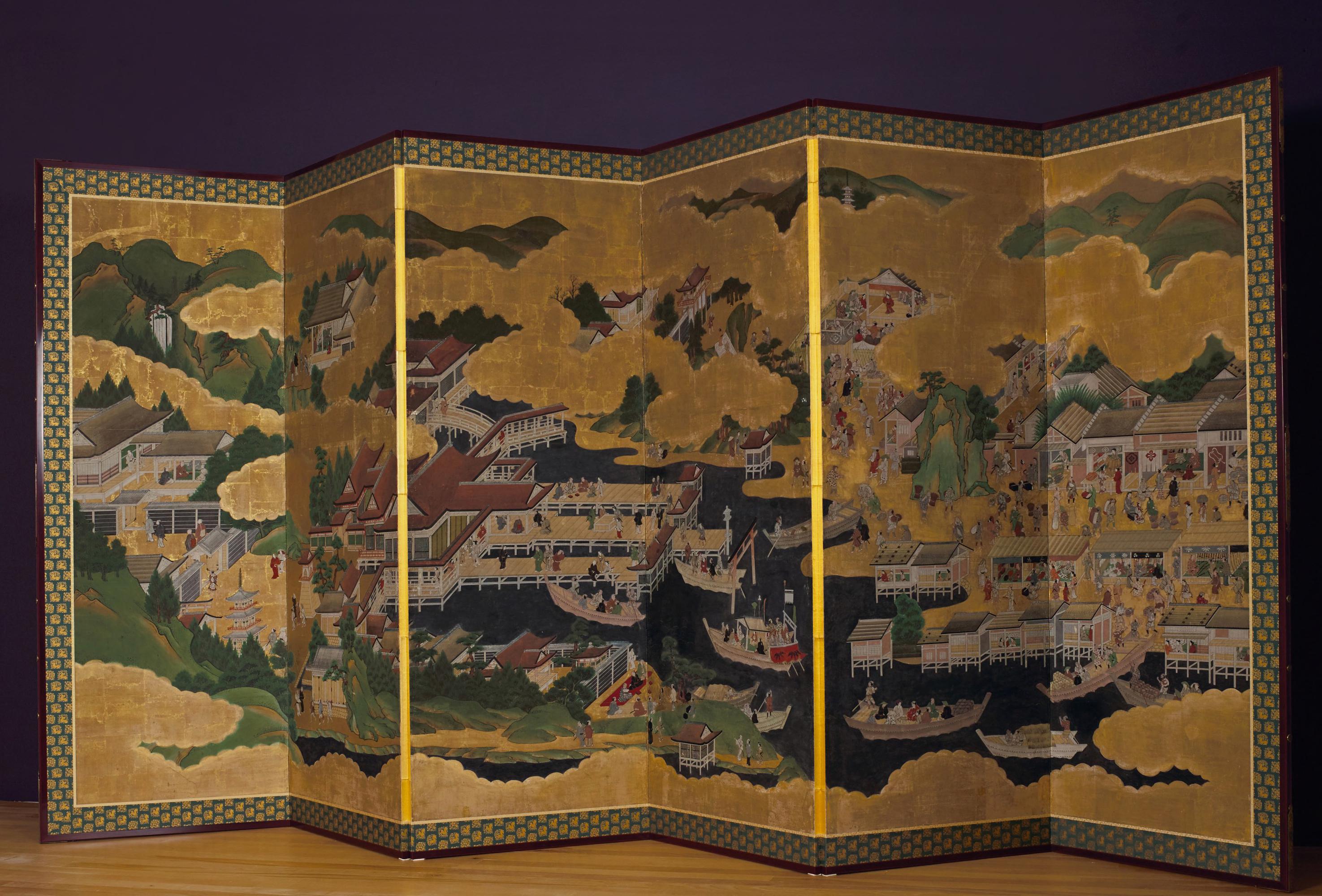 Folding screen depicting a festival at Itsukushima Shrine. Japan, Edo period, 17th-18th century.jpeg