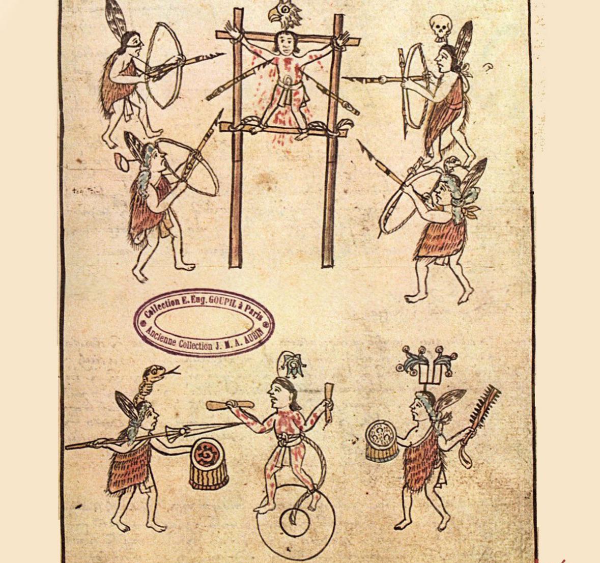 Detail of Historia Tolteca-Chichimeca aka Codex Gondra. Mid-16th century. Depicting a Ritual arrowing of an Olmec lord, by four chichimecas.jpeg