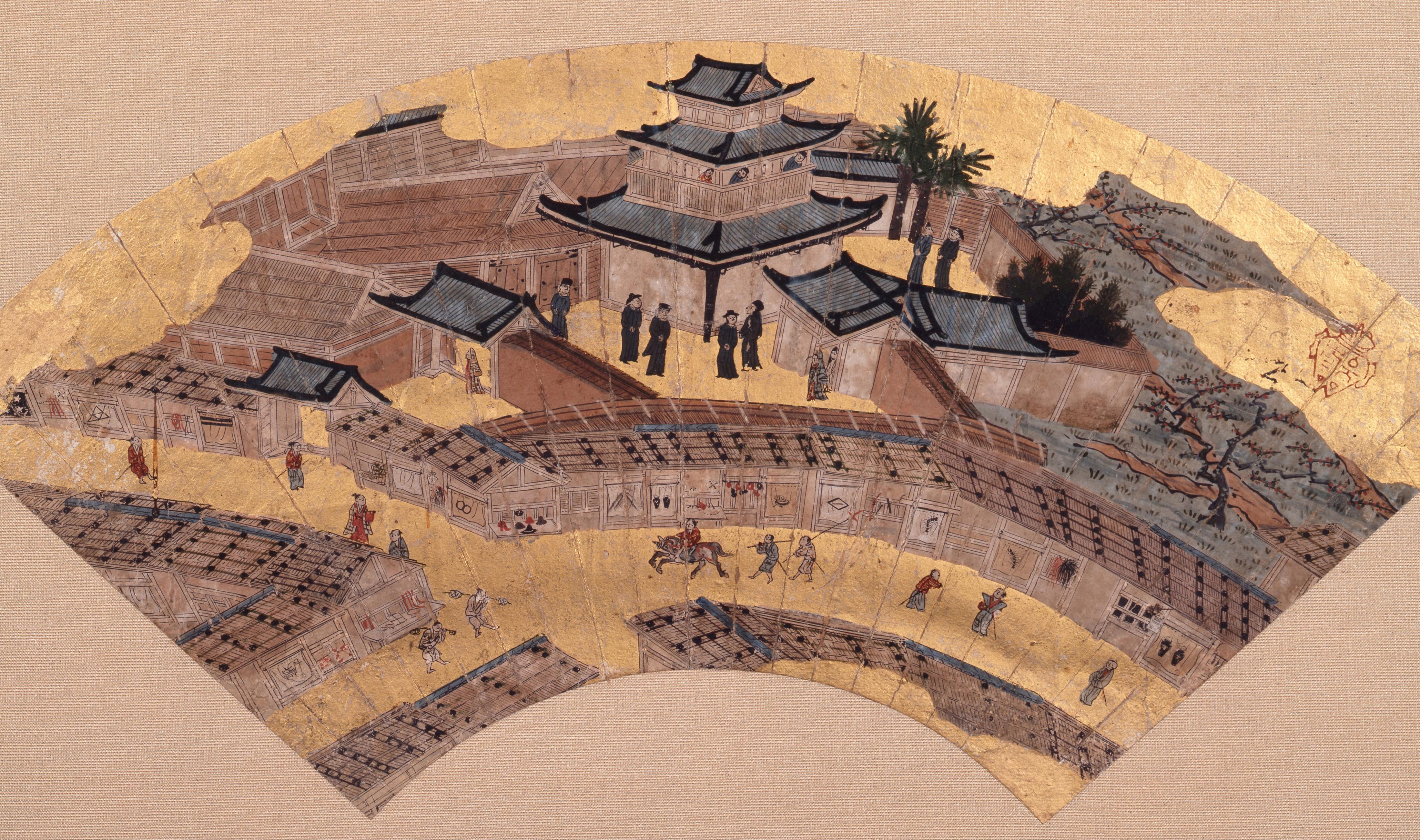 Earliest depiction of a Christian church in Japan, Kanō Sōshū. Kyoto, 16th century. The church was demolished in 1587 by order of Toyotomi Hideyoshi.jpeg