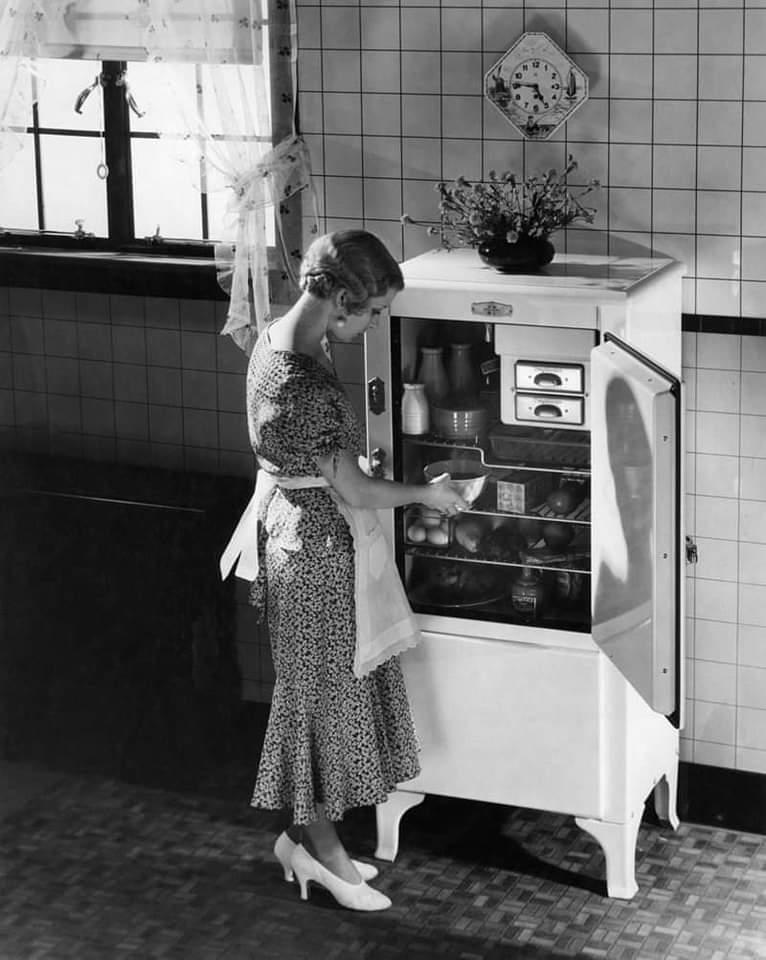 A woman places a bowl in her new refrigerator 1930's.jpeg