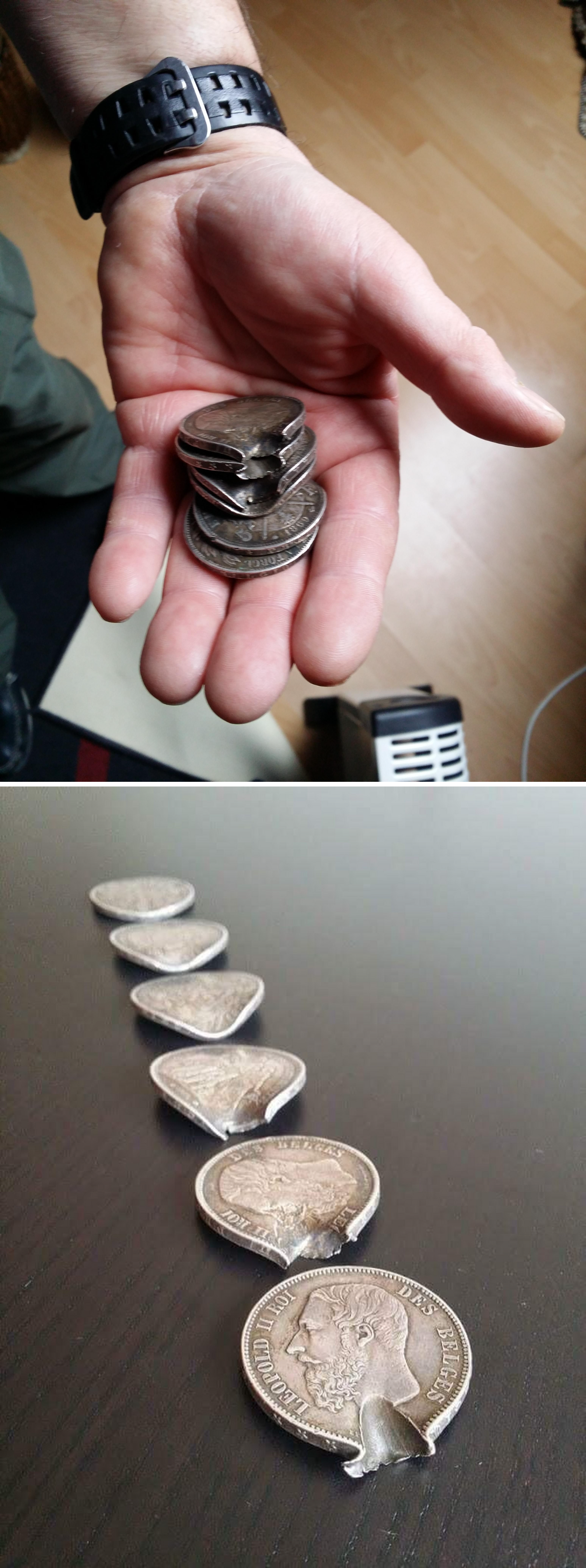These coins were in the pocket of a Belgian soldier named Optatius Buyssens, they stopped a bullet and saved his life during WW1.png