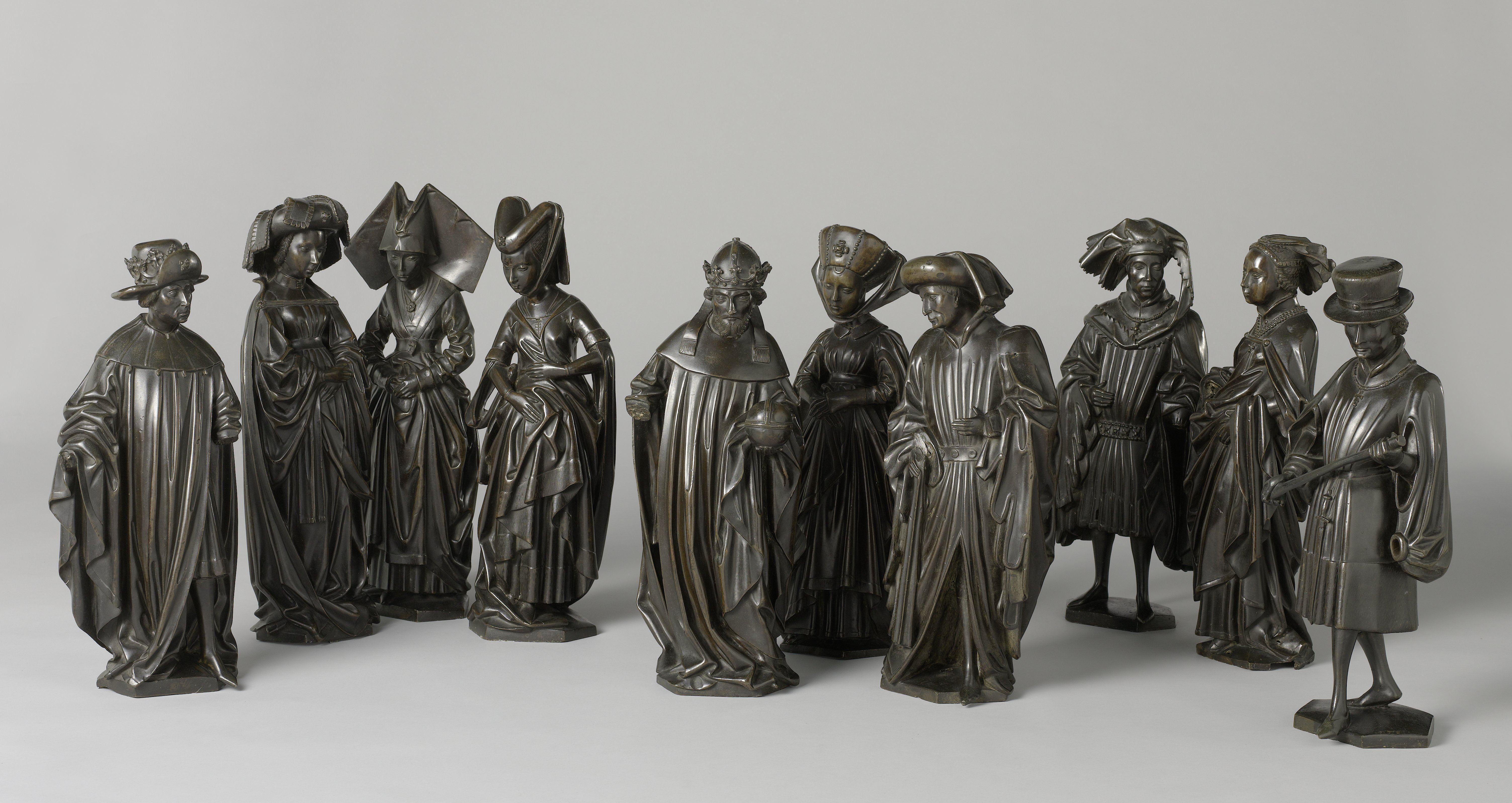 Bronze 'Pleurants' from the tomb of Isabella of Bourbon, wife of Charles the Bold, duke of Burgundy. 10 figures left from the original 24 (family members of the Burgundian dynasty). Ca. 1475-1476.jpeg