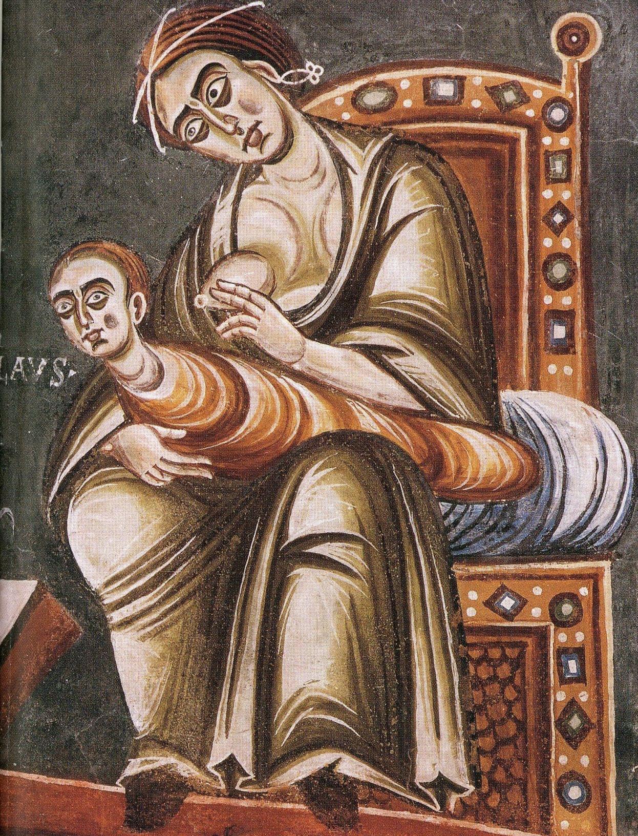 A Romanesque fresco depicting Saint Nicholas refusing his mother's milk. Late 11th century CE, Novalesa Abbey, Italy.jpeg