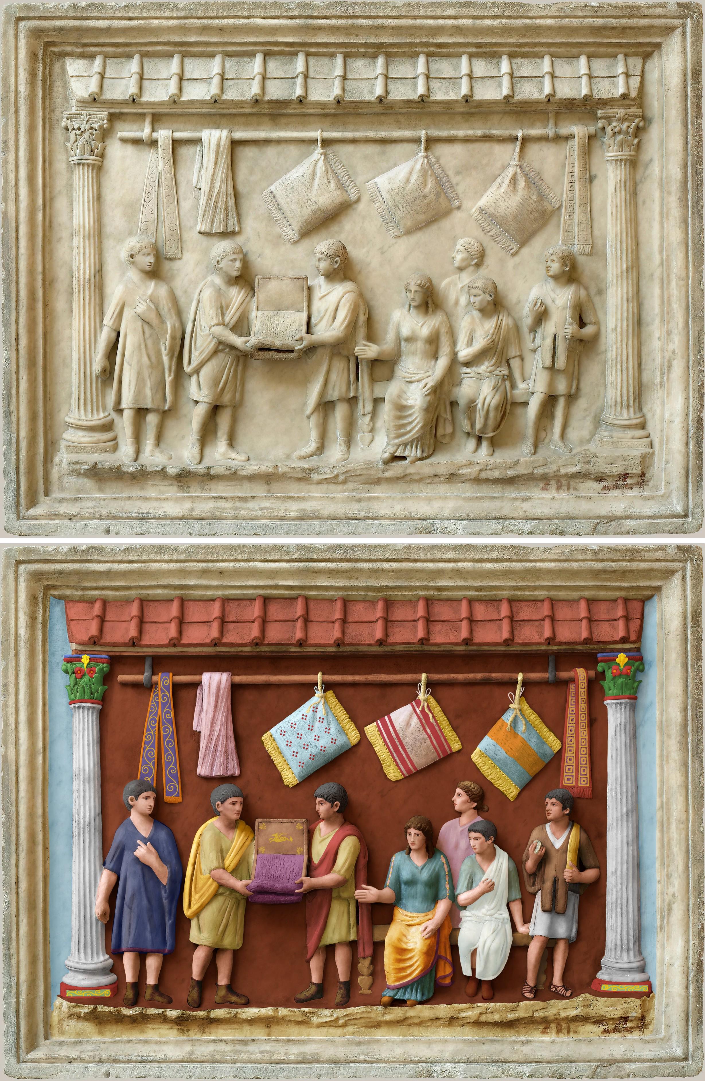 A mid 1st century CE Roman funerary relief, showing the deceased's cloth and cushion shop. Now housed at the Uffizi Gallery in Florence. The bottom picture is a polychrome version of the relief.jpeg