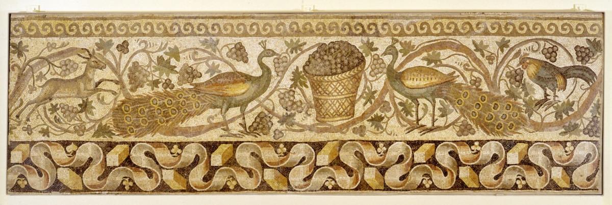 Roman mosaic from a country house, dating from the 4th century CE, showing two peacocks, a basket of grapes and other animals. The object was found in Antioch, Turkey.jpeg