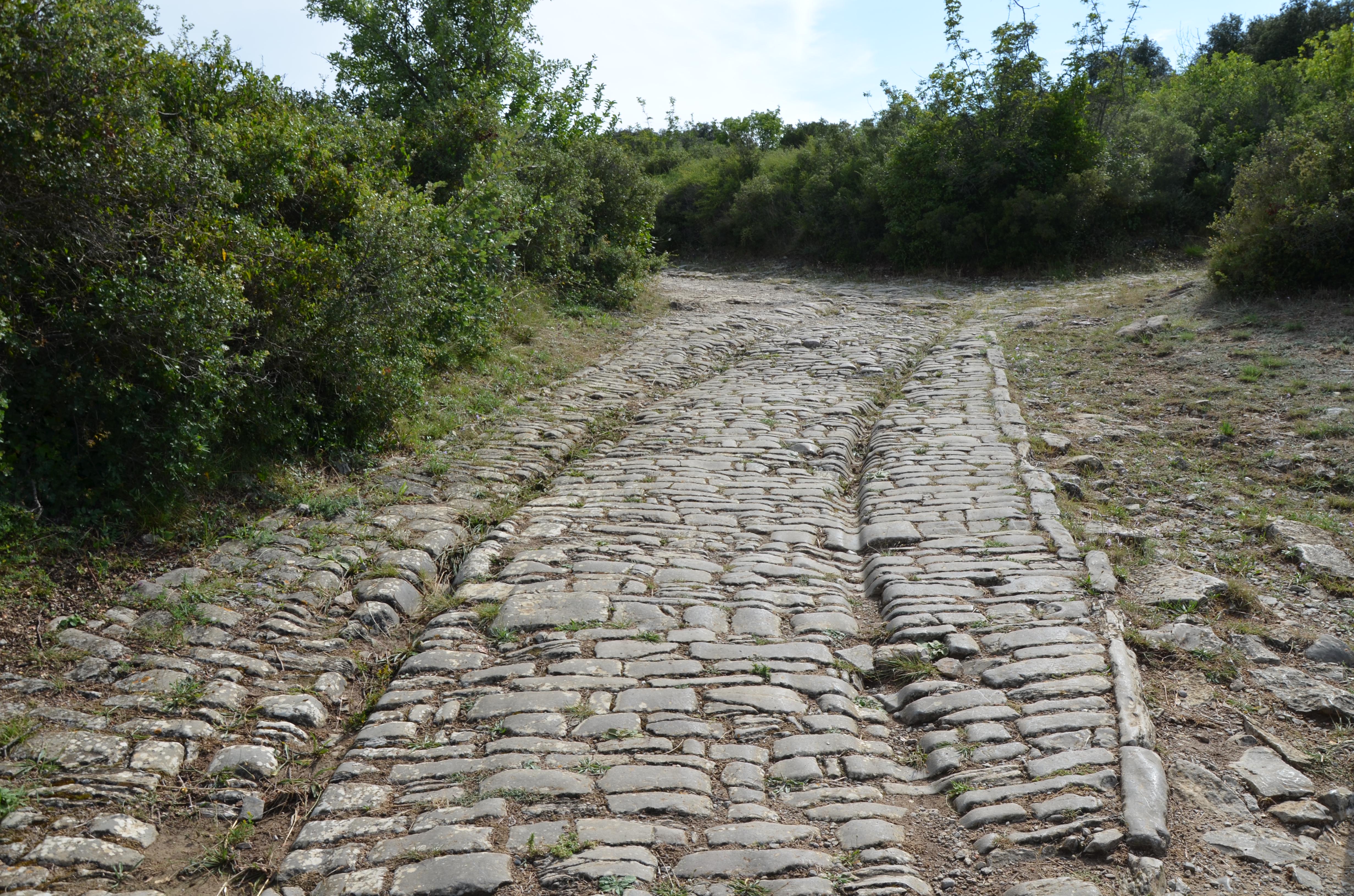 A Roman paved road leading out of Ambrussum, a roadside town in Gaul, is still visible along with the traces of Roman chariot tracks.jpeg