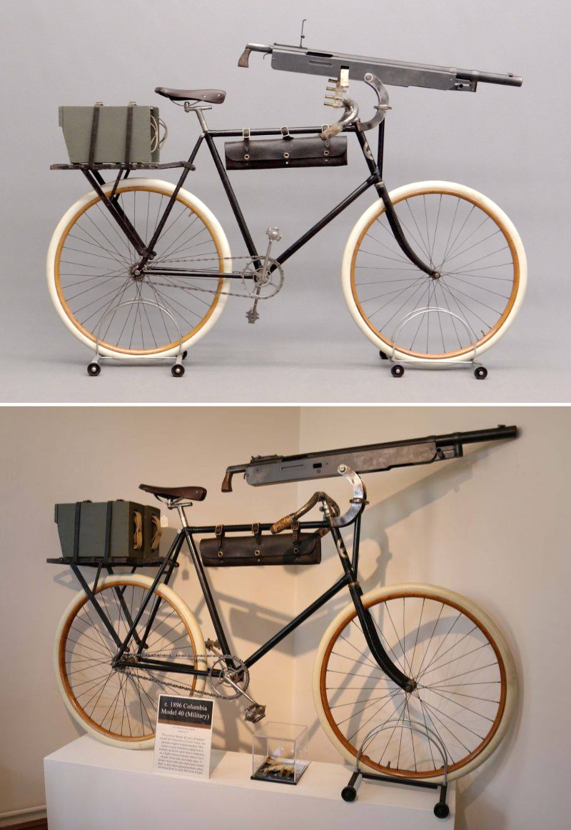 An 1896 Columbia Model 40 bicycle with a Colt machine gun that was used by the military, housed at the Bicycle Museum of America in New Bremen, Ohio.png