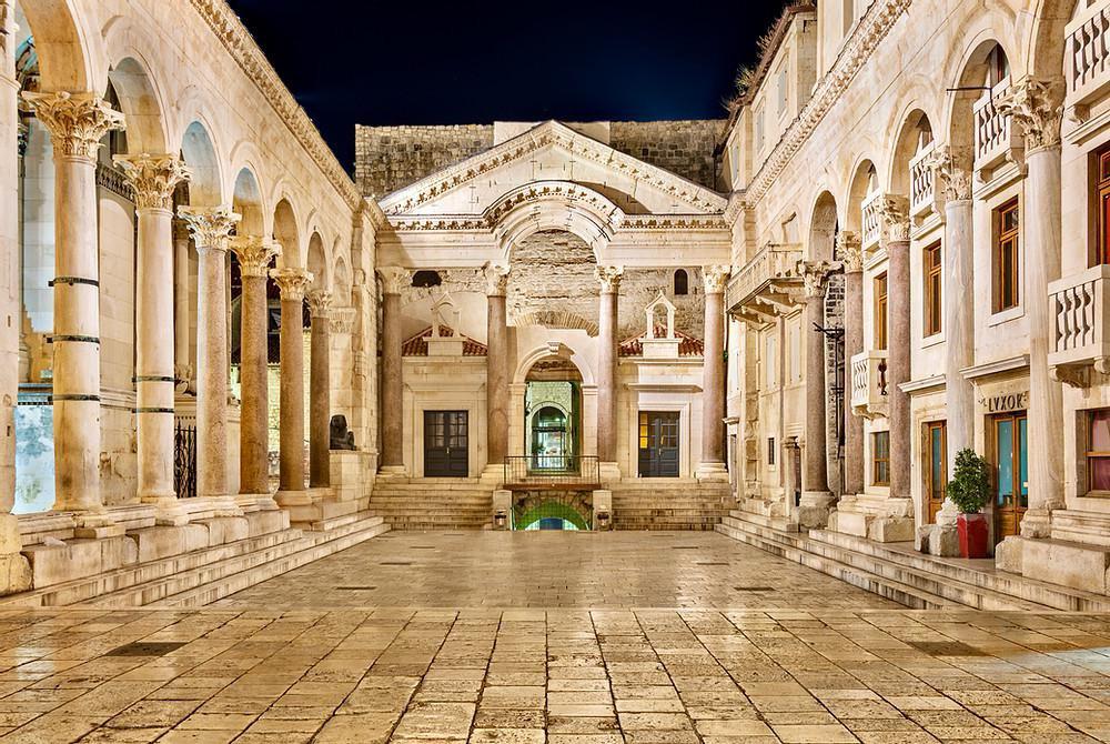 Largest and best-preserved example of Roman palatial architecture. Diocletian's Palace is an ancient Roman palace built for the emperor Diocletian 4th century AD. Today it is about half of Split old town.jpeg