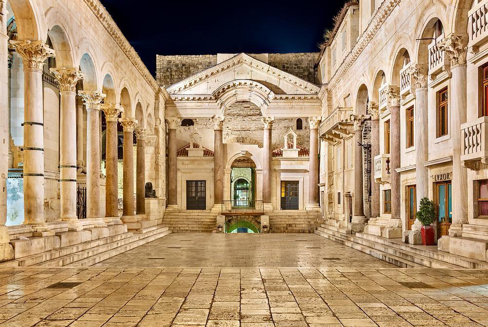 Largest and best-preserved example of Roman palatial architecture. Diocletian's Palace is an ancient Roman palace built for the emperor Diocletian 4th century AD. Today it is about half of Split old town.jpeg