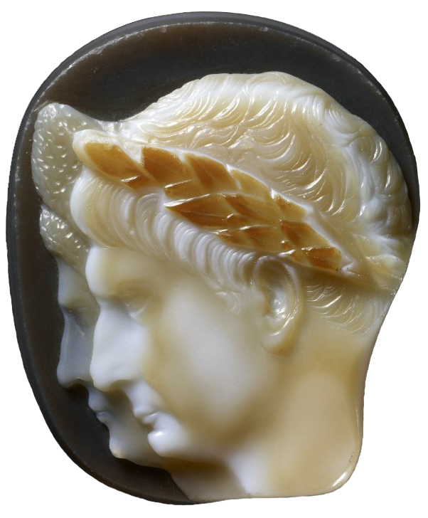 A Roman sardonyx cameo engraved with the portrait-heads of the emperor Trajan and his wife Plotina, side by side in profile. C. 117–138 CE, now housed at the British Museum.png