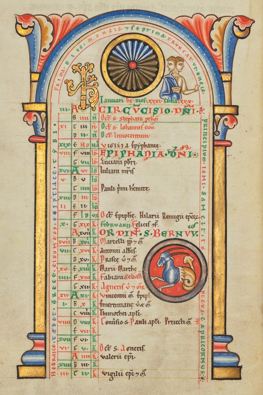 Страница Штайммхаймского миссала с расписание церковных праздников в январе. Германия, предположительно 1170-е годы.jpg