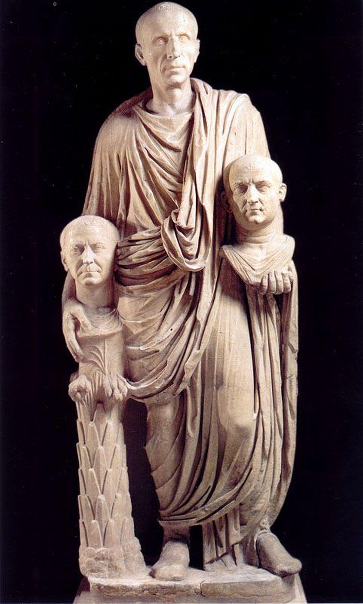 A statue of a Roman holding the busts of his ancestors, the so-called The Barberini statue is one of the main examples of Roman portrait sculpture mastery of the ancient period.jpeg