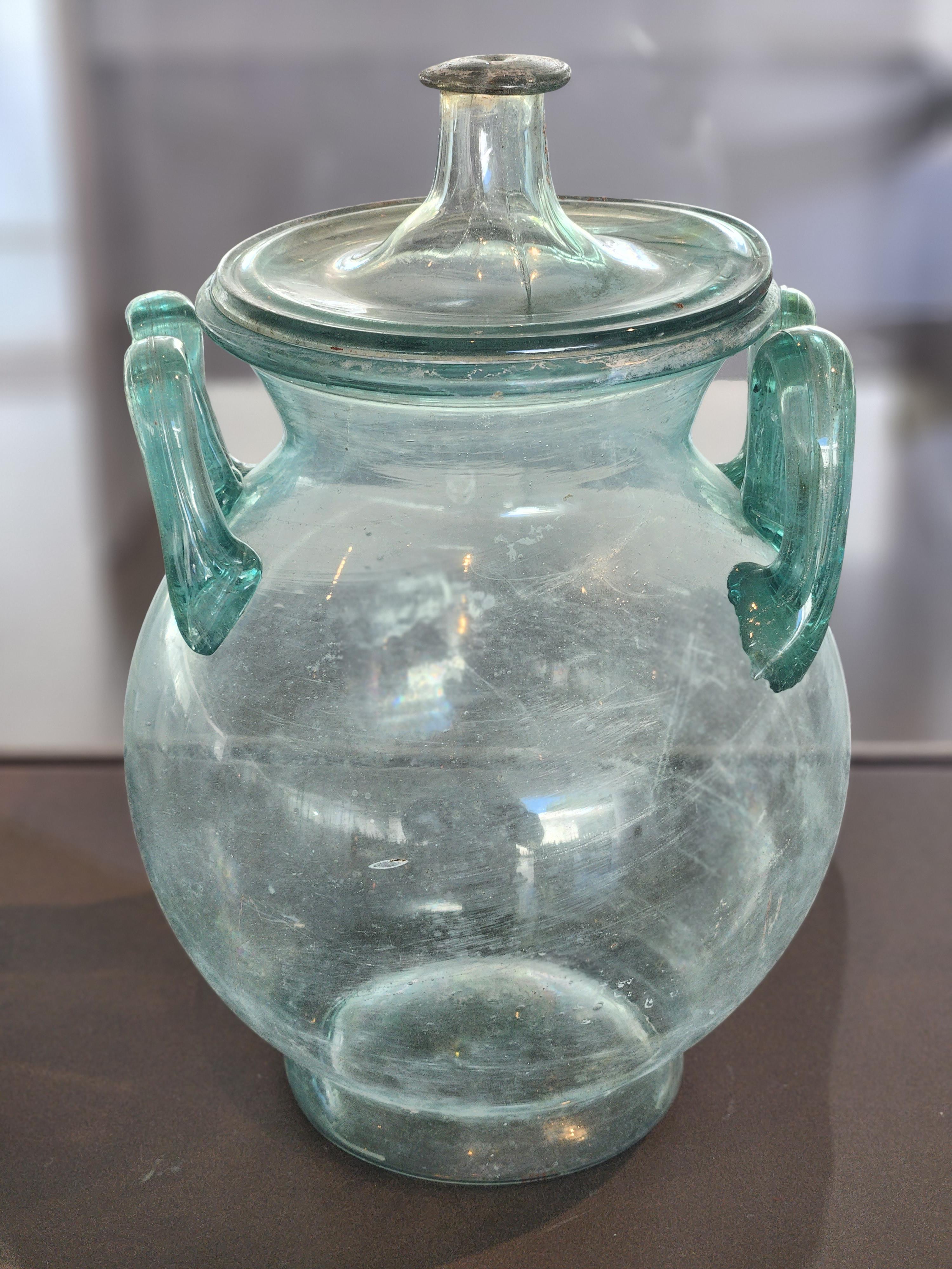 Lidded cinerary urn. Blown, tooled and applied glass. Roman empire, probably Cologne, Germany, late 1st to early 2nd c AD. Toledo Museum of Art collection.jpeg